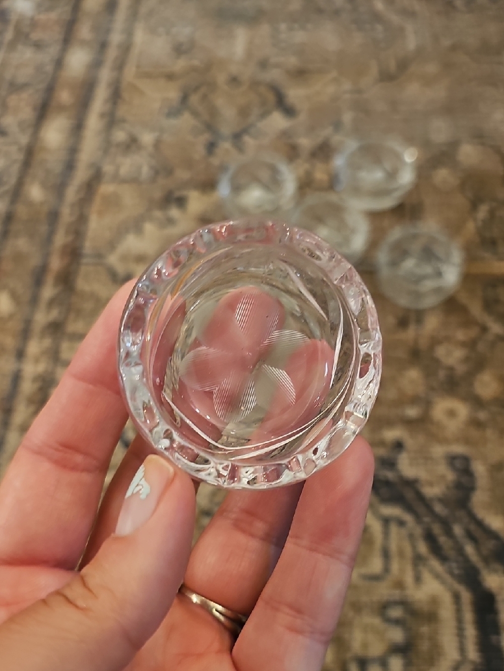 SALE! Set of 5 Glass Open Salt Cellars, Etched Floral And Sawtooth Rim - Picture 4 of 16
